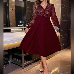 Luxe contrast glitter mesh lantern sleeve party formal dress